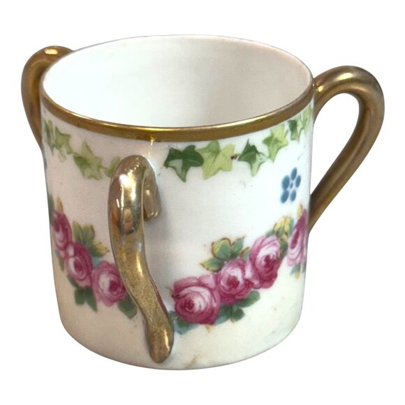 Vintage Double Handle Floral Porcelain Cup Roses Gold Trim Three Handle Tyg Mug - Picture 1 of 7